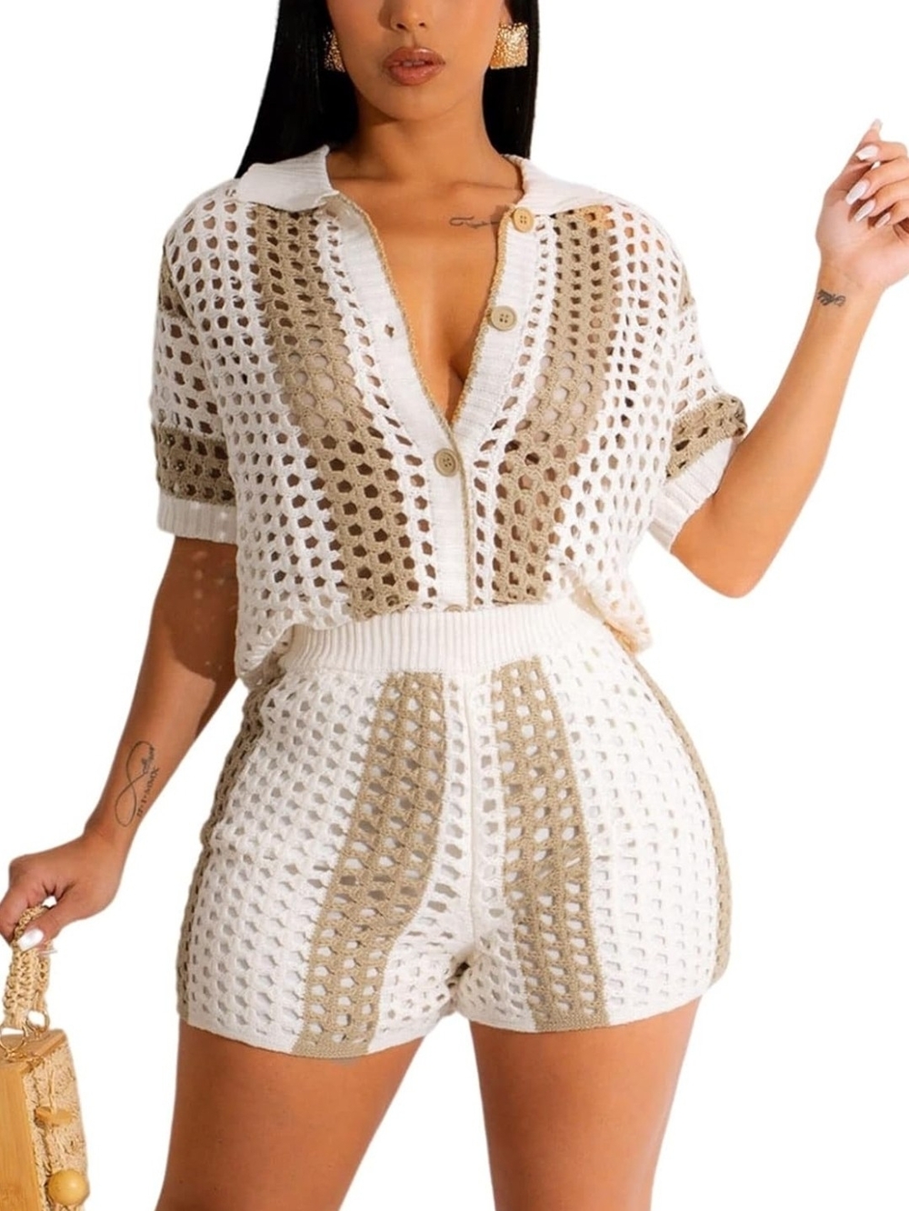 🆕️White & Tan Crochet Knit Two-Piece Set